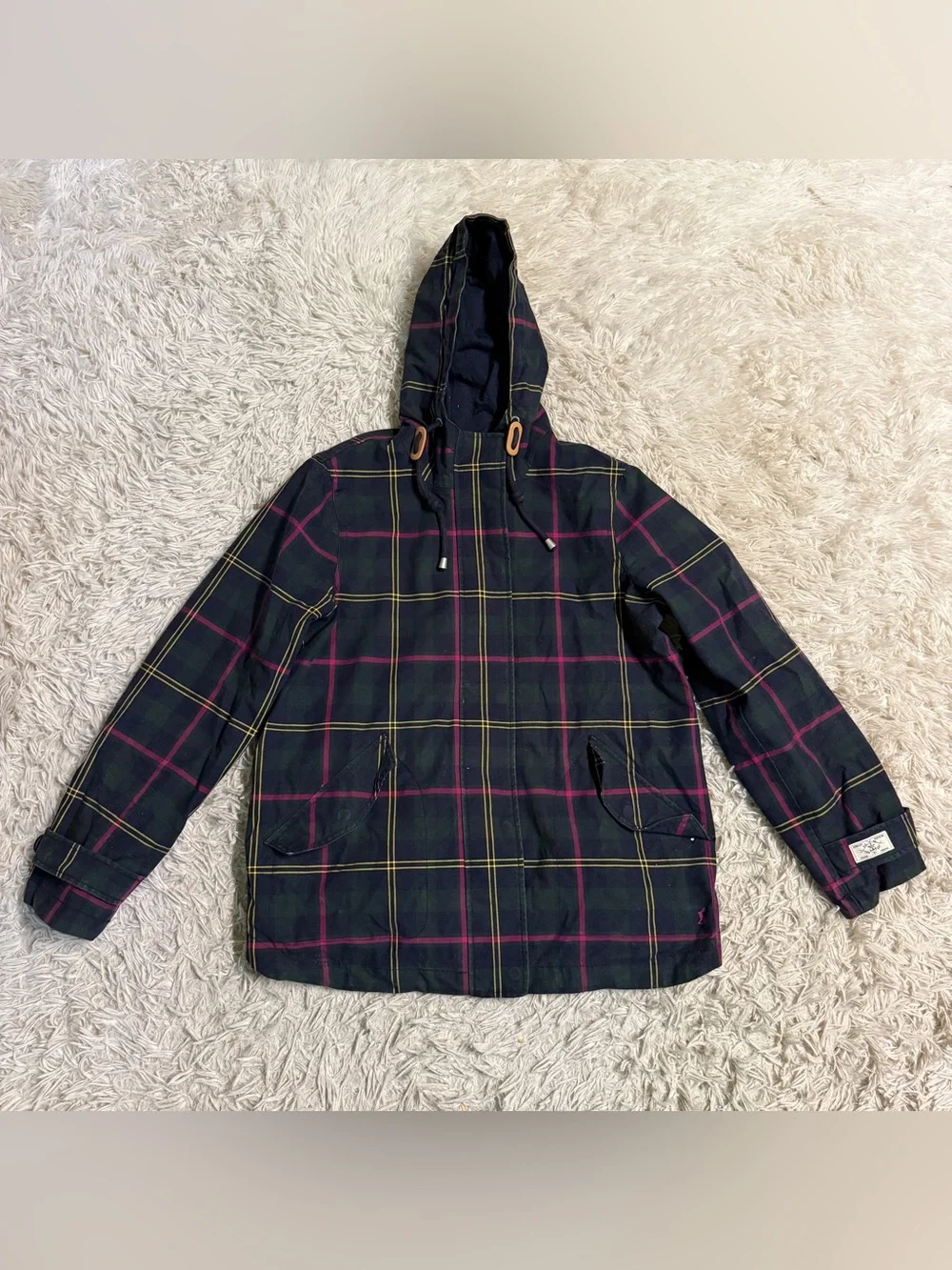 Women’s Size 12 Navy Plaid Joules Waterproof Rain Jacket. Good Condition.